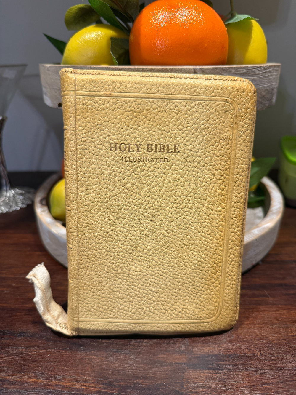 Holy Bible Illustrated Tan Leather Bookmark Cross Vintage